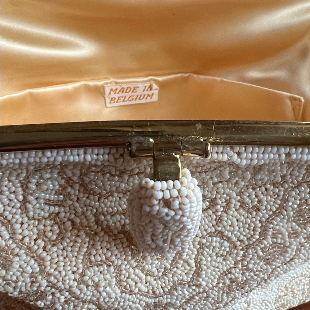 Vintage Intricately Beaded Evening Bag Cream Beige Gold Seed Bead Paisley Bird - Picture 14 of 16
